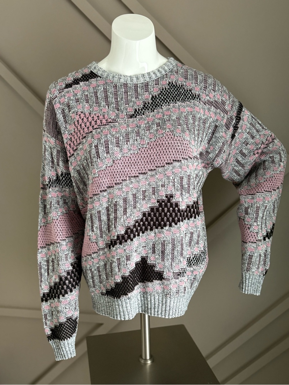 Vintage Sears Pink, Gray & Black Geometric Crewneck Sweater